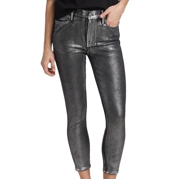 Frame Denim Denim - FRAME Le High Skinny Crop Metallic Jeans Denim Pants Size 25 Black Noir Silver